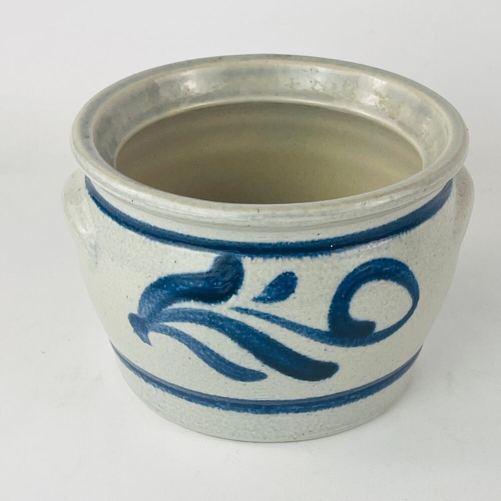 Salt Glazed Stoneware Crock Blue Accent Swirl 5 3/4” W x 4” H